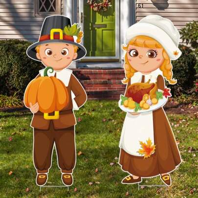 2pcs Outdoor Thanksgiving Yard Stakes With Turkey And Pumpkin Design, Rustic Farmhouse Autumn Lawn Decor, Durable Plastic Pilgrim Garden Stakes, Easy Installation, Suitable For Patio, Walkway, Porch Decoration, Autumn And Christmas