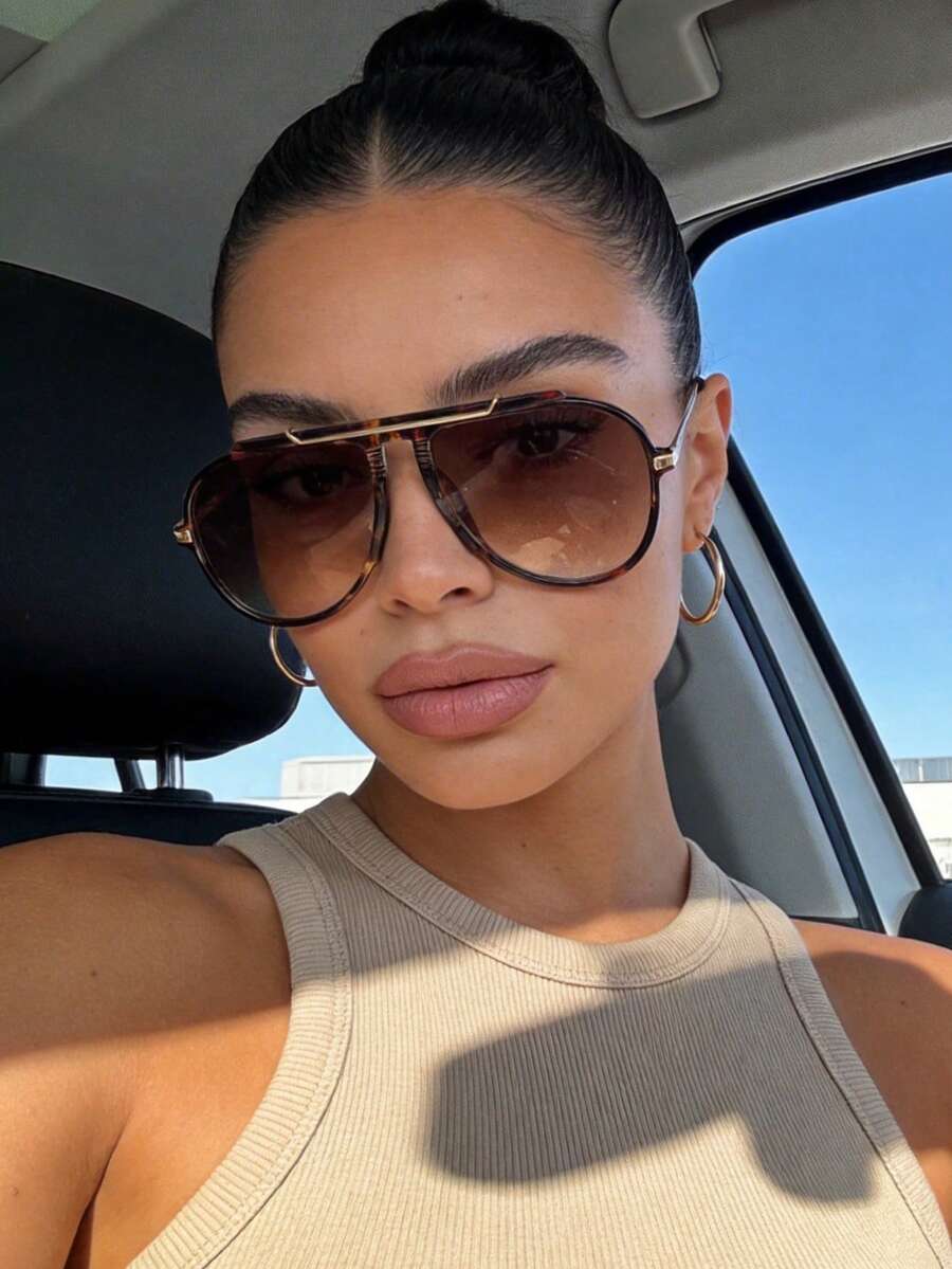 1pc Oversized Single Bridge Pilot Frame Fashion Glasses , European And American Style Retro Square , Suitable For Summer Beach, Street Fashion, All Seasons - Gradient Brown - View 1