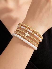 Set de 5 pulseras bohemias con cuentas doradas, pulseras elásticas con perlas falsas y colgante de cruz, regalo para mujeres y niñas, adecuado para uso diario, citas, fiestas y vacaciones - Dorado - Ver 2