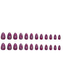 24pcs Medium-Long Brown Ombre Rhinestone Cat Eye Glitter Romantic Autumn/Winter 3D Metal False Nails Set, 1 Bottle Jelly Nail Glue + 1 Nail File, Suitable For Women Daily, Work, Date - Purple - View 4