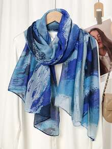 1pc Women's Colorblock Printed Headscarf, Soft & Breathable Street-Style Scarf, Suitable For Daily Wear,Accessories,Holiday - Blue - View 3