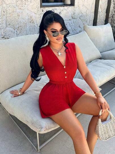 AIJ Bộ jumpsuit không tay cổ chữ V thanh lịch dành cho nữ của Amarilo, eo co giãn, trang trí 3 nút phía trước, phù hợp cho các dịp thường nhật, du lịch và công sở.