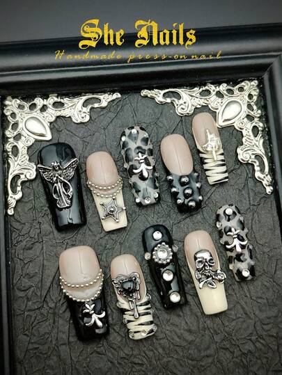 Cute Baroque Nail Art Look With 10 Pcs Handmade Acrylic Press On Nails Medium Square Nails Beige&Black French Tip Nails Hand Drawn Leopard&Asymmetrical Stripes 3D Ghost Face&Rose&Star Nail Charms Fake Nails Set With Free Gel Sticker Nail File