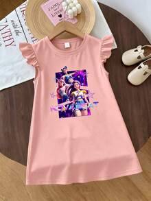 1pc Girls' Ruffle Sleeve Dress, Featuring "NOVA BEAT" Korean Style Graphic Print, Soft & Comfortable Fabric, Suitable For Daily Wear, Casual Outings, And Spring/Summer Gatherings - Pink - View 3