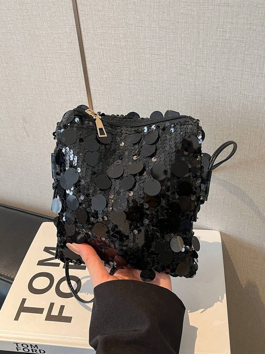 Túi đeo chéo mini đính sequin, túi đeo vai thời trang lấp lánh, túi đựng mỹ phẩm đa năng mùa hè. - màu đen - Xem 1