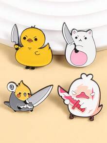 1 set Pins émail mignons d'ours, de canard, de poulet tenant un couteau. Broche en métal animaux dessin animé humoristique. Insigne de sac, de revers, cadeau pour les amis - Multicolore - Voir 9