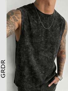 GRDR 男士复古简约纯色水洗圆领背心，休闲宽松百搭，夏季必备 - 黑色 - 查看 3