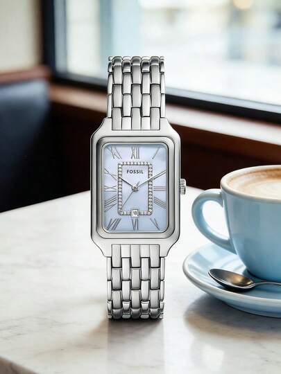 Fossil Women's Elegant Square Dial Rhinestone Inlaid Roman Numeral Blue Pearl Face Date Display Stainless Steel Bracelet Watch, Vintage Graceful Office Lady Gift