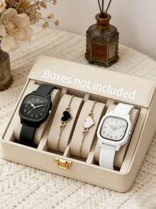 四件套极简方形情侣石英表套装，男女皆宜的配饰组合，包含黑白方形手表和黑白心形女士手链。柔软的硅胶表带搭配简洁的数字表盘，呈现出干净清新的风格，散发着温柔的气息。 - 黑與白 - 查看 10