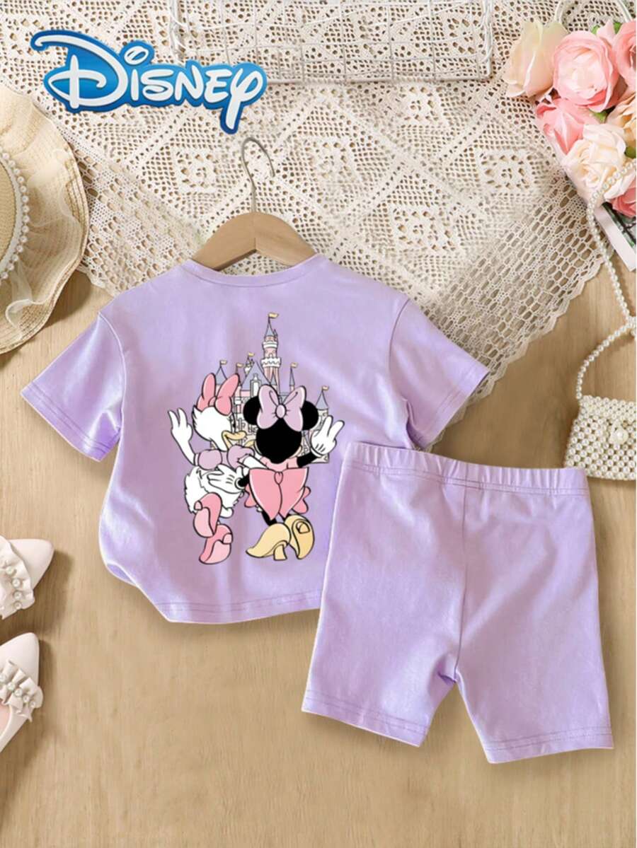 Disney 两件套女婴米妮黛西印花短袖T恤和纯色弹力腰短裤套装，休闲夏季女婴服装，柔软舒适，时尚可爱，适合日常穿着和送礼。 - 紫丁香色 - 查看 1