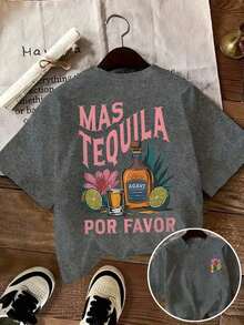 Nuevas  de moda: Camiseta casual de mujer INAWLY con estampado de hojas de limón y letras, cuello redondo, para primavera/verano, diseño Tequila Sunrise Cocktail Margarita Glass Beverage. - Gris 2 - Ver 6