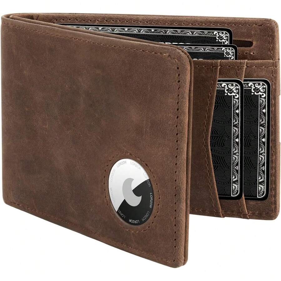 LORZOR AirTag Leather Wallet For Men, Bifold Full Grain Leather Minimalist Front Pocket RFID Blocking AirTag Mens Wallet With ID Window, Gift For Men, Up To 12 Cards - Saddle Brown - View 1