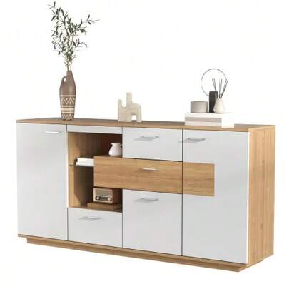 Modern Sideboard Cabinet With Plenty Of Storage Space, With LED Lighting, 160x40x77cm, 2 Doors, 4 Drawers, Glass Shelf, Wood Look, White, Living Room Furniture, Organizer, Chest Of Drawers, Multi-Purpose Cabinet.
