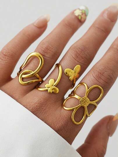 Frminee 3pcs/1pc Chunky Gold Stainless Steel Ring For Women, Floral Adjustable Overlay, Logo Ring Set Fashion Jewelry Gifts, Women's Jewelry Accessories