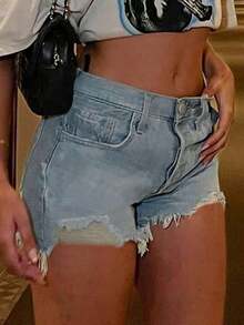 Women's Street-Style Washed Frayed Hem Stretchy Fitted Denim Shorts, Casual Daily Wear With Pockets, Suitable For Spring/Summer, Back To School - Light Wash - View 11
