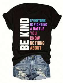 Women'S Black Oversized T-Shirt With Positive Affirmation Slogan Print - Be Kind Be Brave Be Beautiful Inspirational Lettering, Soft Breathable Round Neck Short Sleeve Casual Summer Top For Casual Attire & Parties, Loose Fit Motivational Graphic Tee - 黑色 - 查看 1
