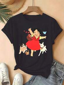 Fashion Women's Sports Short-Sleeve T-Shirt - Cartoon And Animal Companion Print Design, Machine Washable, Easy-To-Match Comfortable Casual Round-Neck Top, High-Quality Polyester Blend, Suitable For All Seasons, Multiple Colors Available, Perfect For - Black - View 1