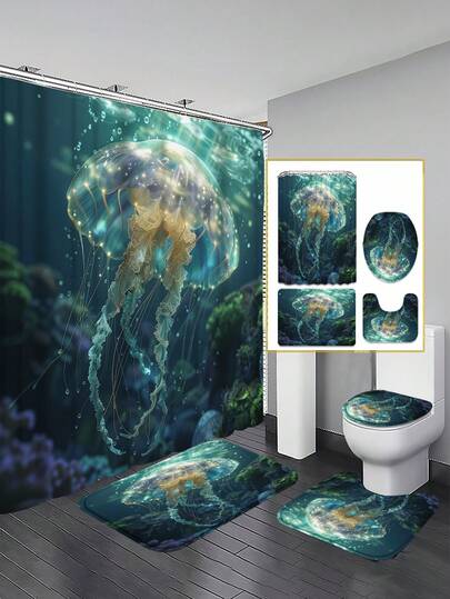 Bộ đồ dùng phòng tắm hình sứa phát sáng dưới đáy biển sâu (1/3/4 món), trang trí nhà cửa, rèm phòng tắm, bộ phụ kiện phòng tắm, bao gồm rèm tắm, bộ rèm phòng tắm. Rèm tắm nhiều kích cỡ và bộ đồ dùng đồng bộ, vải polyester bền, chống nấm mốc và không phai màu, bộ trang trí phòng tắm bao gồm rèm tắm, thảm chữ U cho bồn cầu, thảm chống trượt, nắp bồn cầu và 12 móc treo rèm tắm, thích hợp làm quà tặng Ngày của Mẹ, quà tặng mùa tựu trường.