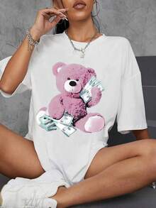Women's 2026 Cartoon Bear Graphic Print Crew Neck T-Shirt, Women's Summer Clothes, Off Shoulder Short Sleeve T-Shirt, Casual Fashionable Style For Daily Outdoor Wear, Women's Spring Top. - 黑色 - 查看 2