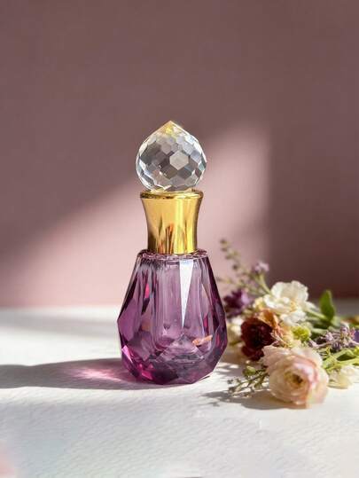 1Pc Luxury Crystal Cap Gradient Purple Essential Oil Rollerball Bottle With Electroplated Gold Finish - Premium Portable Refillable Leak Proof Travel Size Perfume Roller For DIY Beauty Aromatherapy, Elegant Mini Glass Vial As Handbag Gift Set For Women Girls, Daily Fragrance Holder Purse Friendly Empty Cosmetic Container, Perfect Travel Essential Handbag Accessory For Perfume Lovers