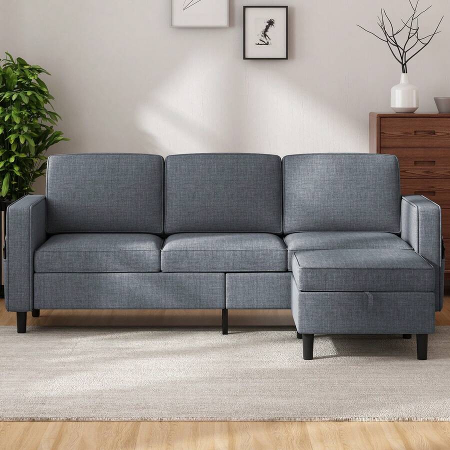 Modern Linen L-Shaped Sectional Sofa 3-Seater With Storage Footstool For Living Room - Dark Grey - View 1