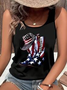 American Flag Pattern Tank Top, Suitable For Both Outdoor And Casual Wear, Round Neck Design Exudes A Casual Style 2026 Summer Tops - 黑色 - 查看 1