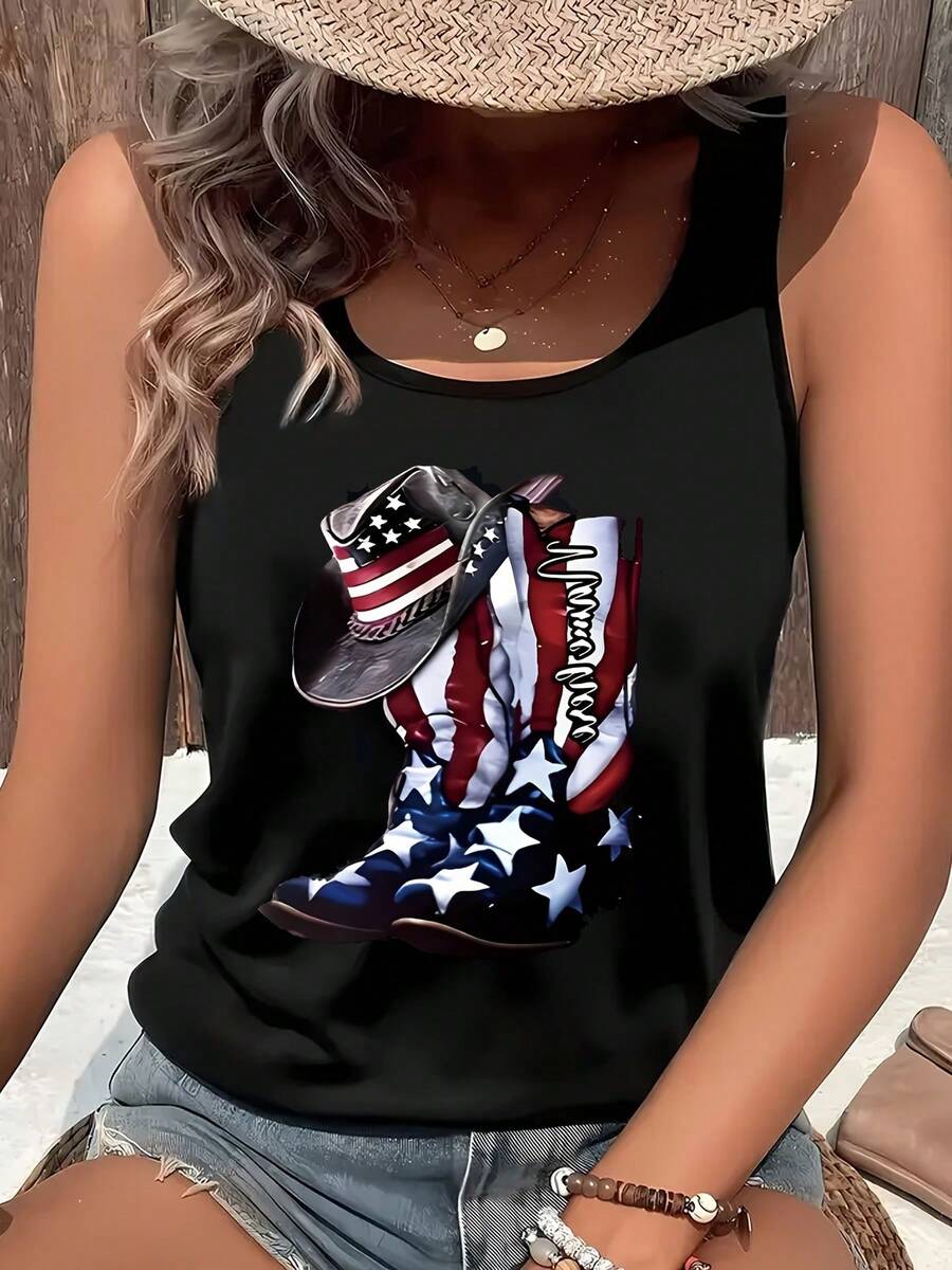 American Flag Pattern Tank Top, Suitable For Both Outdoor And Casual Wear, Round Neck Design Exudes A Casual Style 2026 Summer Tops - 黑色 - 查看 1