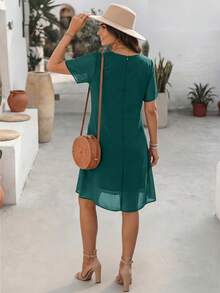 Đầm chiffon nữ thanh lịch, kiểu dáng thường ngày, màu trơn, tay ngắn, cổ tròn, dáng suông xếp ly, eo rộng, thoáng mát và mềm mại, phù hợp cho công sở, dự tiệc và mặc hàng ngày, mùa thu/đông/hè. - màu xanh lá - Xem 6