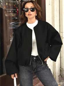 Jaket Wanita Musim Gugur/Dingin dengan Resleting, Jaket Bomber, Pakaian Luar Pendek, Hitam, Krem, Jaket Bomber Abu-abu, Jaket Pendek Lengan Panjang, Jaket Baseball Suede Krem Musim Semi - Hitam - View 4