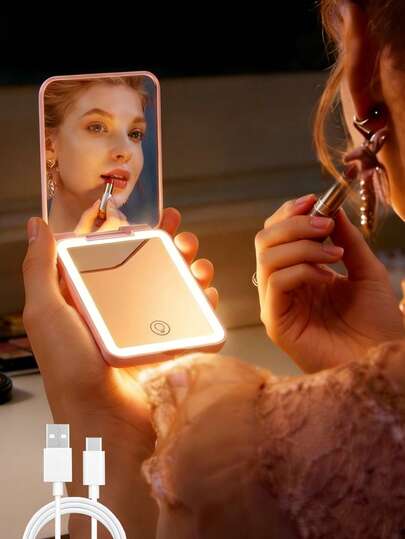 Miroir de maquillage LED rechargeable, miroir de voyage pliable et portable avec 3 couleurs et luminosités de lumière réglables (20 %-100 %), miroir cosmétique haute définition à commande tactile avec chargement USB, format de poche pour sac à main, voyage, maquillage quotidien et retouches, cadeau idéal pour les femmes, les filles et les passionnés de maquillage