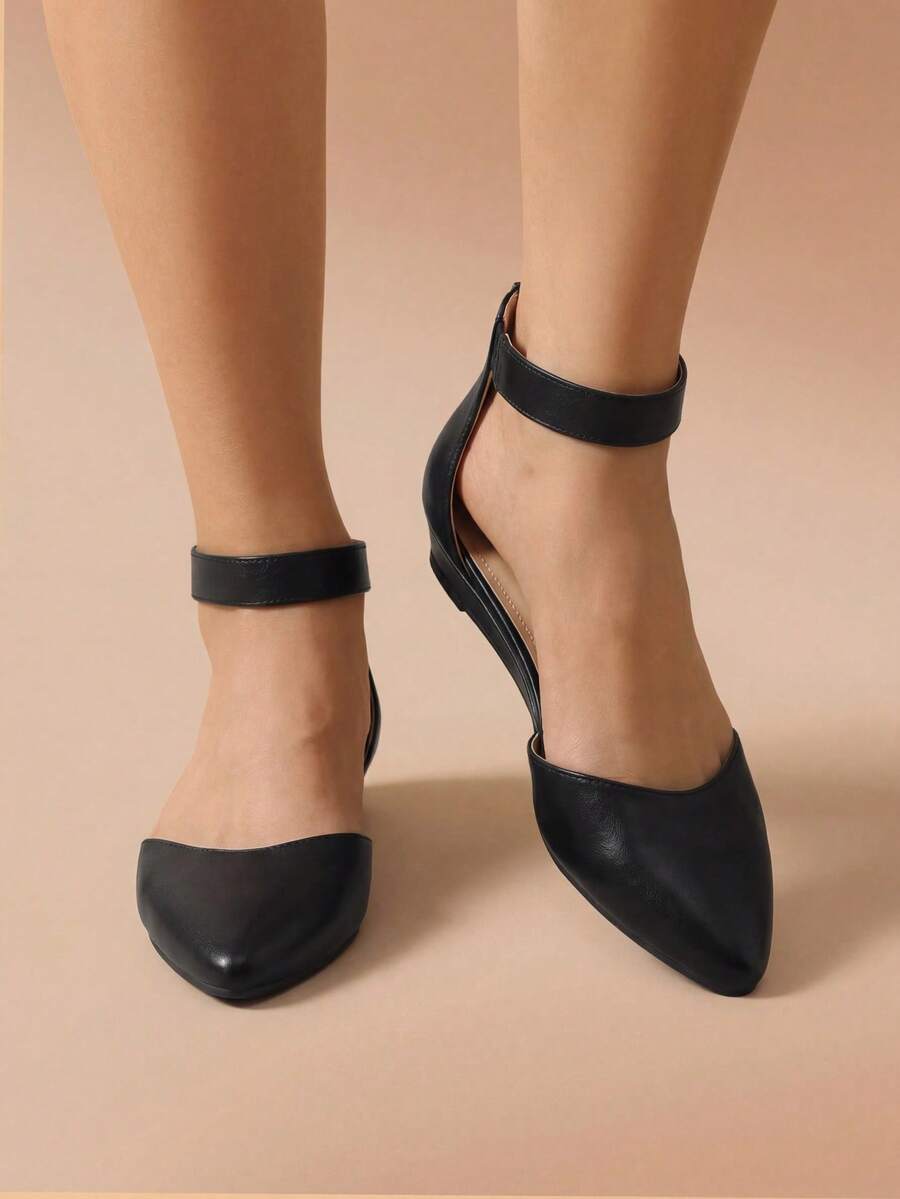Women Wedge Flats Pointed Toe Ankle Strap Dress Flats Comfortable Elegant Casual Commute Wedding Ballet Flats Shoes - 黑色/PU - 查看 1