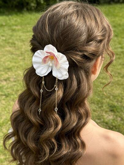 1个流行蝴蝶兰花流苏发夹，可爱彩色仿蝴蝶兰花鸭子发夹，适合女性日常外出、节日派对和乡村度假风格的半扎发造型