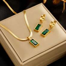 Bộ 3 món bằng thép không gỉ, đính đá Cubic Zirconia hình vuông màu xanh lá cây, gồm dây chuyền và bông tai, trang sức thời trang mới, không phai màu, phù hợp cho nam, nữ và bé gái đeo hàng ngày. - Vàng - Xem 7