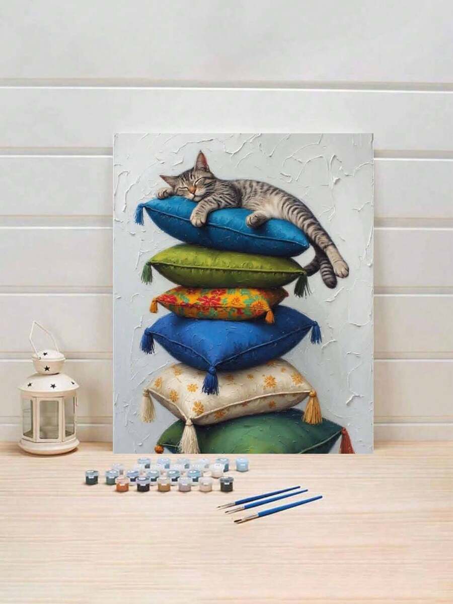一套猫咪抱枕DIY数码油画套装，成人艺术工艺品，无框艺术油画套装，适用于卧室装饰和墙面艺术装饰，无需绘画基础，简单有趣的绘画方法，实现您的绘画梦想，沉浸在缤纷多彩的世界中，每一笔都是自我表达，为生活增添浪漫气息，送给家人朋友的最佳礼物，节日礼物，40*50厘米