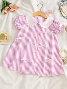 New Girls' Pink And White Striped Peter Pan Collar Puff Sleeve Shirt Dress With Bow Details, Summer Casual Dress - Baby Pink - View 3