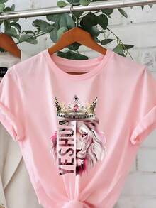Women's T-Shirt With Lion King Crown And Lioness Pattern - Beige With Pink And Gold Letters, Short Sleeve Round Neck Casual Spring Summer Top, Christi - 粉色 - 查看 10