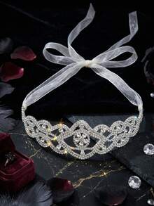 1 bộ băng đô và thắt lưng cưới đính đá lấp lánh, thiết kế khoét rỗng tinh tế với ruy băng organza. - Bạc - Xem 5