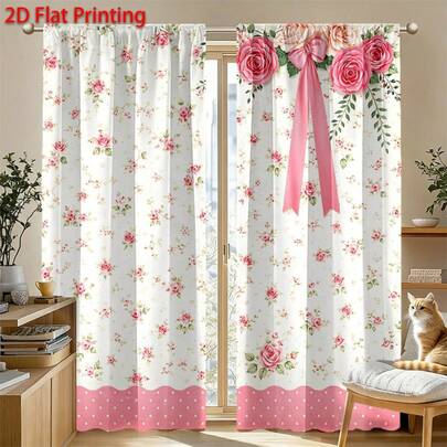 2 pièces Rideaux décoratifs avec fleurs de rose roses et nœuds papillon, 100% fibre de polyester lavable en machine. Conception de fenêtre privée, matériau de haute qualité, convient pour les chambres à coucher, salons, cuisines, bureaux - Décoration moderne de la maison lavable en machine