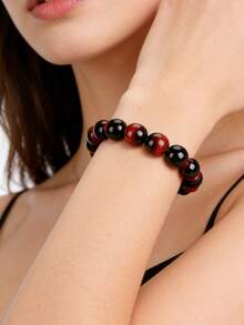 YAUKIA 1件男士天然红虎纹黑玛瑙串珠手链，弹力饰品，具有保护、接地功效，适合日常佩戴 - 彩色 - 查看 5