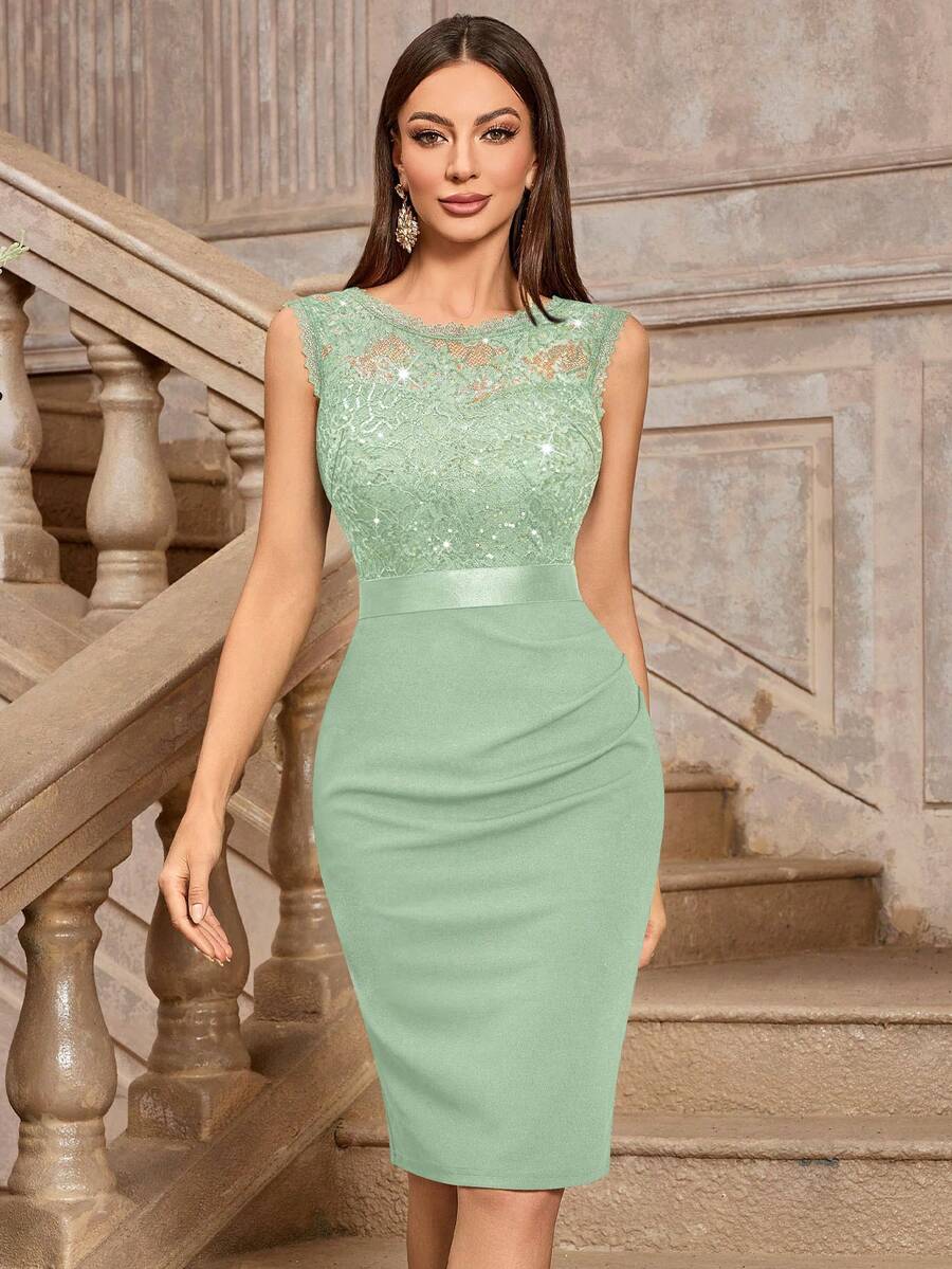 MIUSOL Đầm dự tiệc cocktail không tay cổ tròn đính sequin và ren hoa cổ điển, đầm mùa hè thanh lịch dành cho nữ. - Màu xanh Bạc hà - Xem 1
