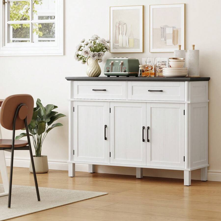 ONBRILL Storage Buffet Cabinet, 48" Farmhouse Sideboard Cabinet With Two Drawers And Three Doors, Wood Coffee Bar Cabinet With Adaptable Shelves, Kitchen, Living Room, And Entryway Storage Cabinet - White Black 48 inch - 查看 1