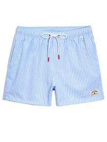 ZELFYO Men's Striped Print Drawstring Waist Pocket Beach Shorts Men Swim Trunks Men Beachwear Beige Swim Trunks Striped Swim Trunks Bathing Suit Men Beach Clothes For Men Cream Swim Trunks Beach Trunks Men S Swim Trunk Men Shorts Vacation - 淺藍色 - 查看 5