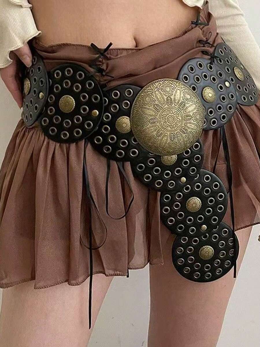 1条女士黑色PU皮革西部镂空金属孔眼圆腰带 - 黑色 - 查看 1