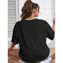 Monalisa Imprimir Camiseta Ombro Caído plus size - Preto - Visão 3