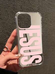 Pink "Jesus" Slogan Pattern Print Mirror Acrylic Anti-Fall Phone Case Compatible With IPhone 13/11/17/17pro/16/14/15/15pro/15 Plus/15 Promax/7plus/8plus/X/Xs Max/Xr/11pro/12pro/13pro/14pro/12mini/13mini/11promax/12promax/13promax/14promax/14plus/17pro Max/17Air/6/6s Plus/7/8/16Pro/16plus/16promax/Se2/17promax&Compatible With Samsung Galaxy/A54/A14/A12/A13/A15/A32/A33/A24/A52S/S20/S21/S22/S23/S24/S23Plus/S24ultra/S25/A15/A33/A23 - Multicolor - View 5