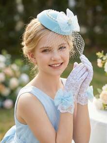 2pcs/Set Sky Blue Crown Net Veil Rhinestone Bow Fascinator Hat + Bow Gloves, Bridal Shower, Wedding, Party Photo Booth Props, Floral Wreath, Wrist Corsage, Matching Mother-Daughter - Baby Blue - View 7