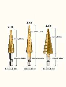 Bộ 3 mũi khoan bậc 3-12 4-12 4-20 HSS phủ titan, dụng cụ khoan điện, thép tốc độ cao, mũi khoan gỗ, mũi khoan côn, mũi khoan rãnh thẳng, phủ titan. - A - Xem 2