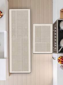 1pc Soft Rubber Water-Absorbing Kitchen Mat, 3.5mm Thick Absorbent Rug For Large Or Small Spaces, Modern Minimalist, Scandinavian Style Beige And Light Gray Vertical Striped And Solid Color Block Patchwork Pattern Room Decor Carpet - Multicolor - View 2