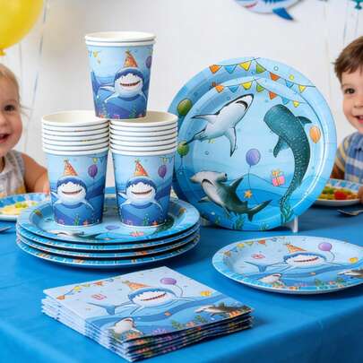 40pcs/Set Shark Party Tableware, Birthday Decoration Disposable Tableware, Food Tray, Cake Tray, Disposable Plates, Party Cup, Water Cup, Napkins, Tissue, Summer Pool Party Disposable Food Container, Birthday Gifts, Party Favors, Babe Shower Decor, Gender Reveal Party, Birthday Decorations For Home, Kitchen Supplies, Underwater World Theme Party Decorations