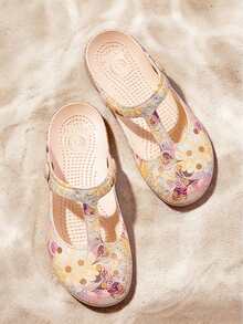 Women's Floral Print T-Strap Closed Toe Hollow Out Flats Sandals, Casual Comfortable Breathable Beach Shoes, Adjustable Buckle Strap Jelly Women Sandals, Women's Summer Daily & Pool & Vacation Shoes . - Gold - View 8